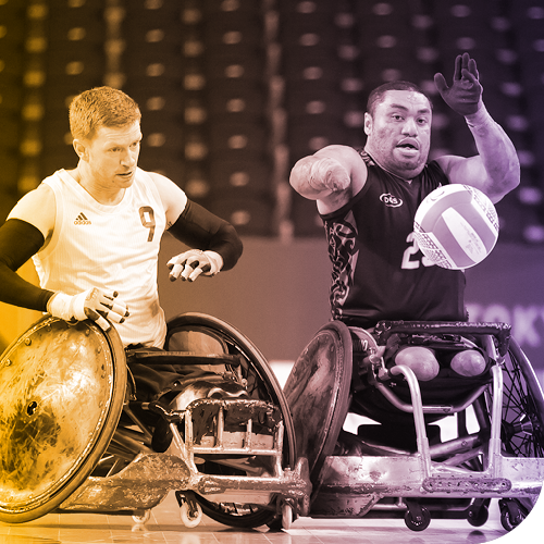 Stylised photo of two wheelchair rugby players tackling to reach the ball